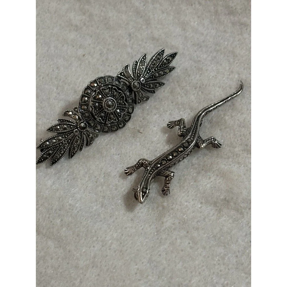 Vintage 925 Sterling Silver Marcasite 2 Brooch Pair Gecko Lizard Floral Bar Pins